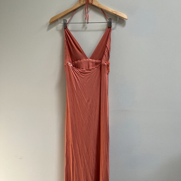 Sky Maxi Dress‎ Leather Belt Plunge V Neck Pleated Coral Melon Halter NEW Small - Picture 6 of 6